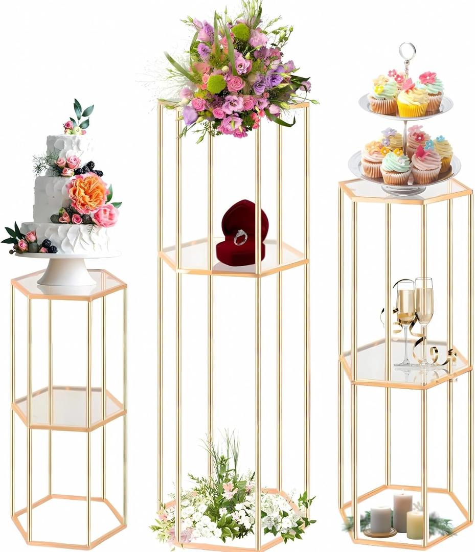 3PCS 2 Tier Hexagon Gold Cake Stand for Party, Tall Metal Pedestal Stands for Display Decoration, Flower, Plant, Birthday, Wedding, Baby Shower, Bridal Shower, Cylinder Column for Desserts