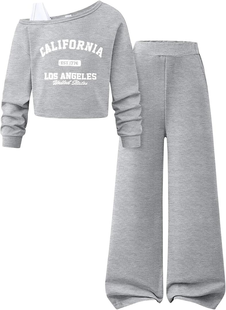 Tween Girls Clothes Off The Shoulder Sweatshirt and Wide Leg Sweatpants Sweatsuit Size 9-10