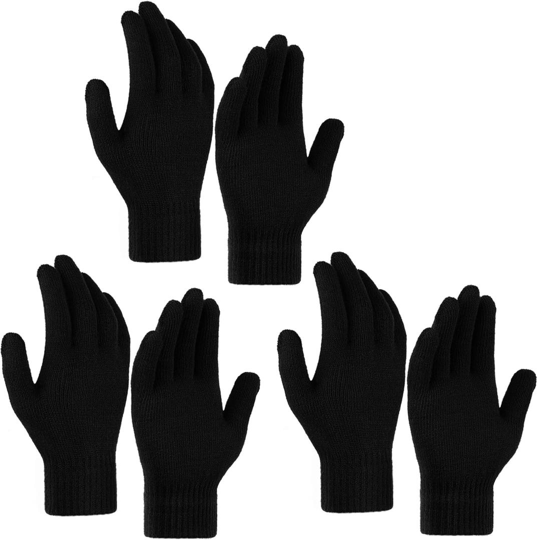 Glooarm 3 Pairs Winter Gloves for Men Women Thick Cashmere Magic Winter Gloves Knit Stretchy Mittens Unisex Adults Gloves (Medium, Black)