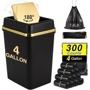 Bathroom Trash Can with Lid 4 Gallon Trash Can with Swing Lid Small Garbage Can Black Bathroom Trash Can with 300 Counts Trash Bags for Kitchen Bedroom Office Dorm