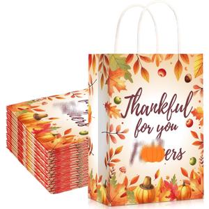 Kolldenn 25 Pcs Friendsgiving Gift Bags with Handle Thankful for You Fall Maple Leaves Pumpkin Bags for Autumn Thanksgiving Party Supplies, 8.3'' x 5.9'' x 3.1'' (Thankful)