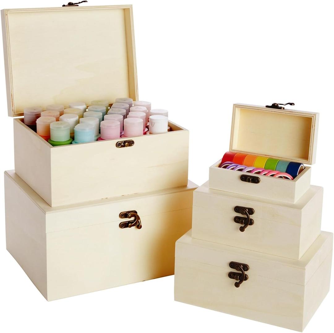 Juvale 5 Pack Unfinished Wood Boxes for Crafts with Hinged Lids - Assorted 5 Sizes 4.7-9.5 in - Paintable Craft & Storage Boxes to Paint - Versatile Pine for Decoupage & DIY Decoration