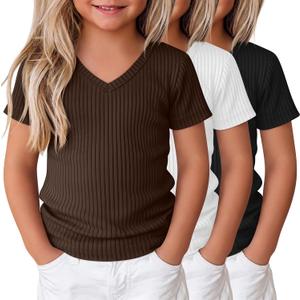 3 Pack Toddler Girls Shirts Cotton 18m-5t Baby Summer Clothes Short Sleeve Ribbed Knit V Neck Fashion Soft Tops