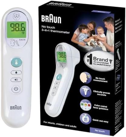Braun No Touch 3-in-1 Thermometer for Adults, Kids & Babies, Measures Forehead, Liquid and Food Temps, Professional Accuracy & Color Coded Fever Guidance