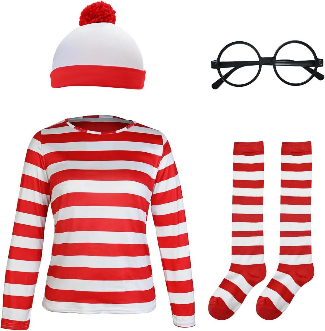 Adult Red and White Striped Shirt Women Funny Halloween Costumes Shirt Hat Socks and Glasses Suits (XX-Large)