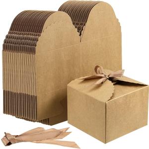 SINJEUN 50 PCS 4.7 x 4.7 x 3.5 Inch Brown Gift Boxes with Lid, Kraft Gift Wrap Box with 50 Ribbon, Decorative Empty Gift Box Craft Paper Boxes for Bridesmaid Proposal, Birthday Party, Wedding