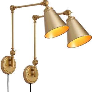 SUNLLOK 2PCS Modern Swing Arm Plug in Wall Sconces - Rustic Adjustable Gold Lampshade Hanging Wall Light Fixture - Industrial Metal Reading Wall Mounted Lamp Decoration for Living Room, Kids Bedroom