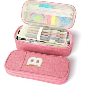 Large Capacity Pink Pencil Case, Cute Pencil Case Pencil Pouch with Zipper For Girls Women, Expandable Preppy Pencil Bag Large Storage High Capacity Bag Organizer for School Home Office Supplies, B