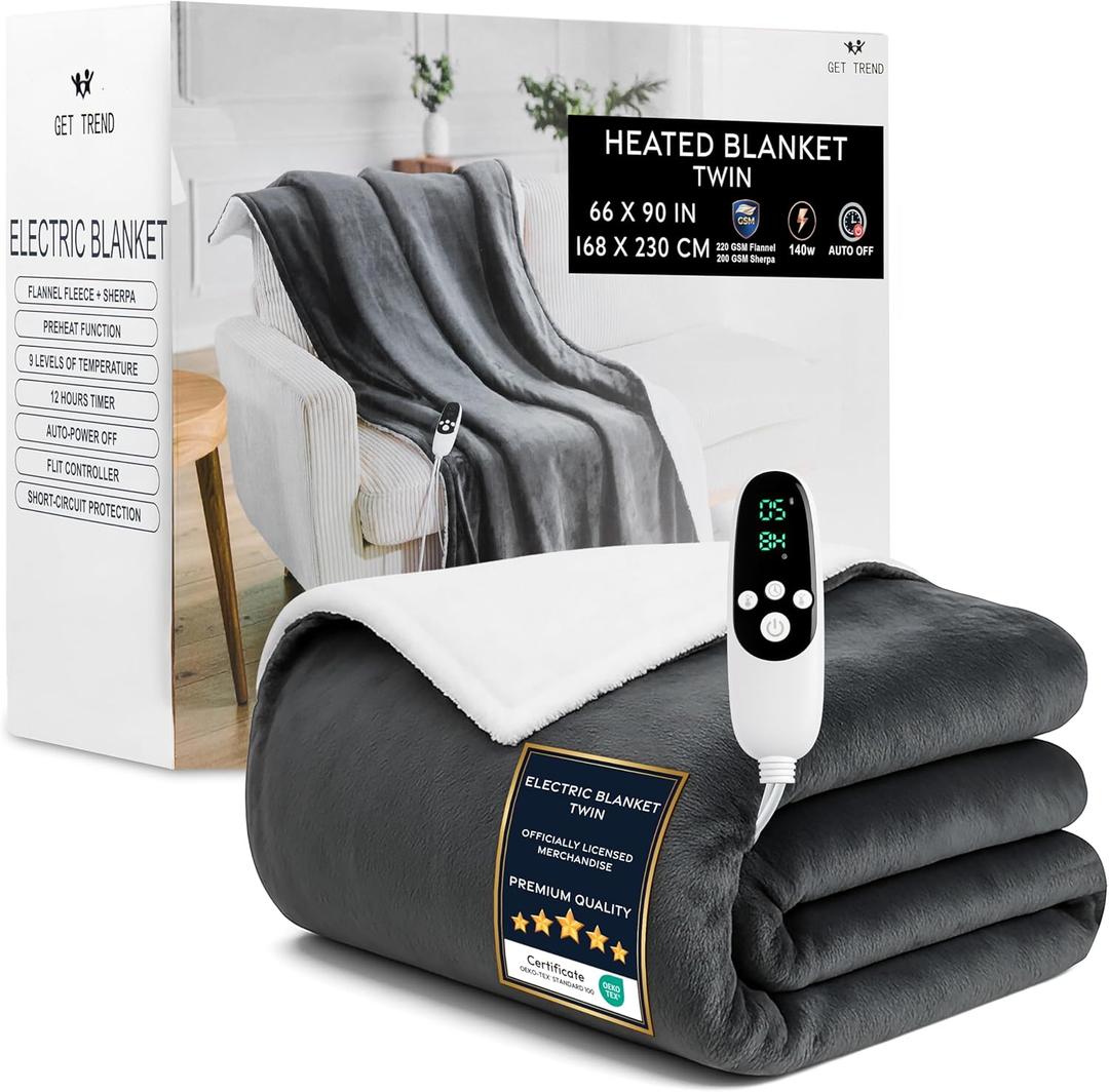 Heated Blanket Electric Luxurious Fleece Twin Blanket, 9 Heat Settings & 12H Auto Shut-Off, Gifts for Grandma, Grandpa, Seniors 65x90 in (Dark Grey, Twin US)