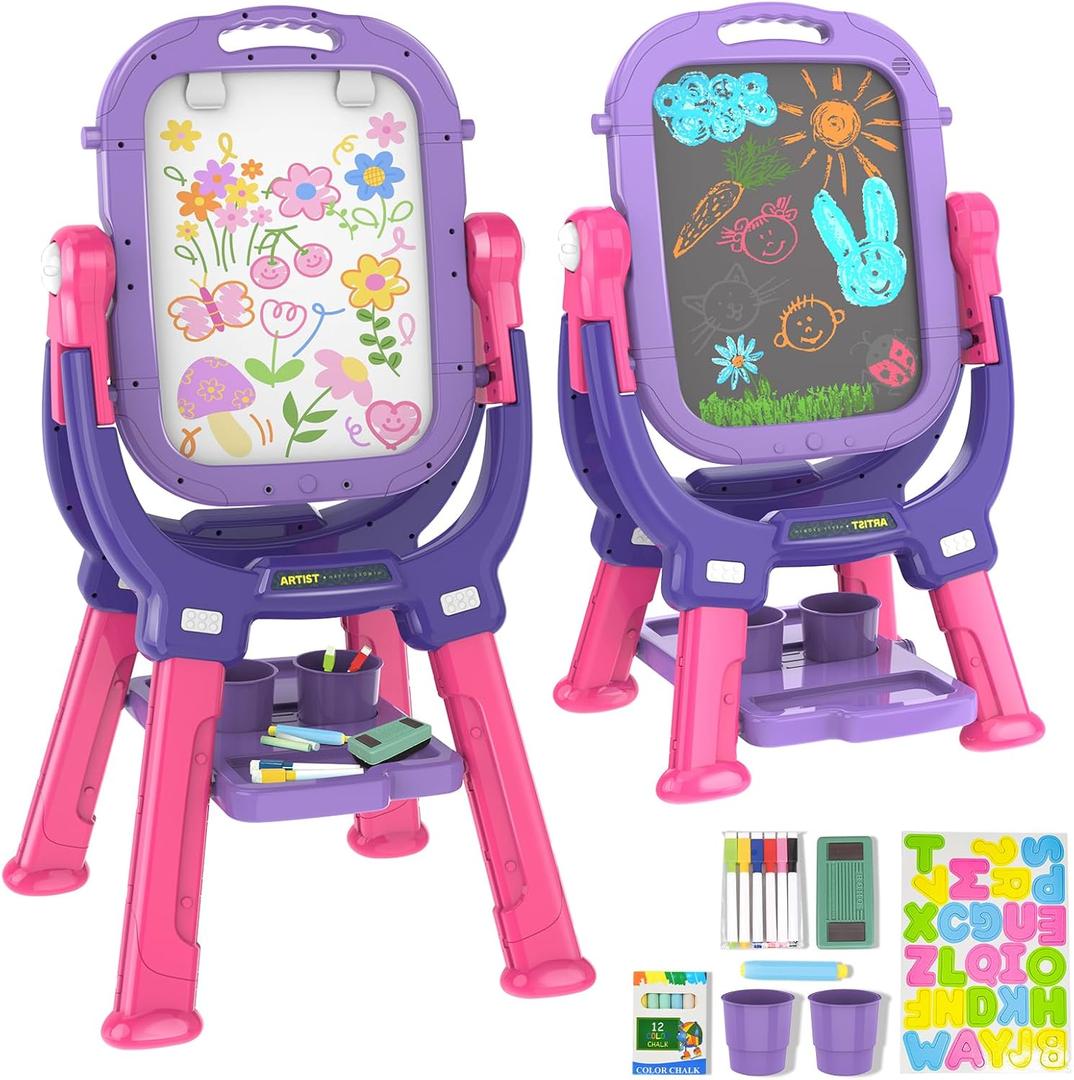 Easel for Kids, Toddler Art Easel Adjustable Standing, Magnetic Double Sided Easel with Painting Accessories Gift for Boys and Girls (Purple red)