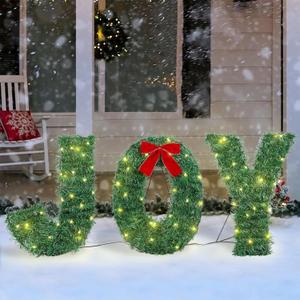 ATDAWN 3 Piece Outdoor Joy Christmas Decoration, Lighted Joy Yard Display Set, Joy Yard Sign for Christmas Indoor Lawn Decor, Green