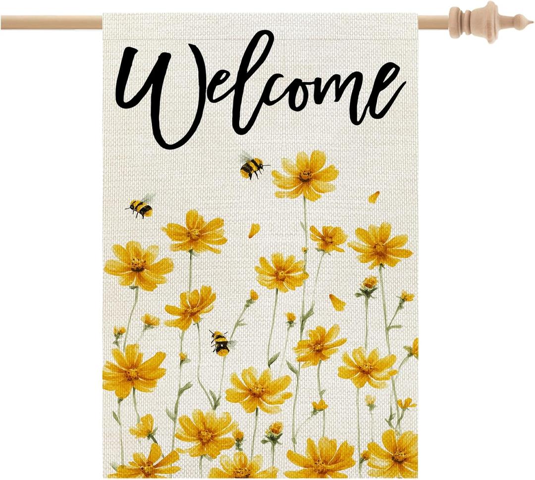CROWNED BEAUTY Spring House Flag Yellow Wildflower Double Sided 28x40 Inches Large Burlap Welcome Holiday Seasonal Yard Decoration for Outside Porch