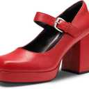 DREAM PAIRS Women's High Chunky Platform Closed Toe Mary Jane Block Heels Square Toe Strappy Dress Wedding Party Pumps Shoes (9) Red