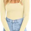 ATHMILE Women's Square Neck Long Sleeve Bodysuit Ribbed Slim Fitted Tops