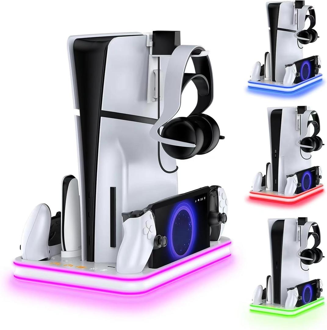 Charger Dock Compatible with PS Portal and PS5, PS5 Stand and Cooling Station with RGB LED Charging Dock, Edge Controller and Headset and Remote Holders - White