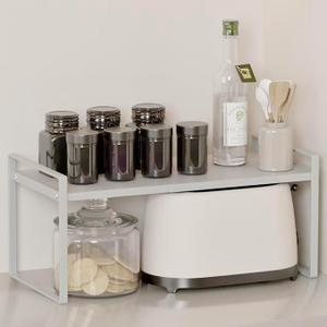 Microwave Oven Rack Expandable Countertop Heavy Duty Microwave Shelf 2-Tier Adjustable Metal Storage Shelf Rack for Kitchen (White-S)