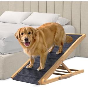 Pathosio Pets Adjustable Dog Ramp for Bed - Foldable Wooden Ramp for Dogs to Get on Bed, Couch, or Car - Ideal for Small, Medium, and Large Breeds (Natural Wood with Grey Carpet)