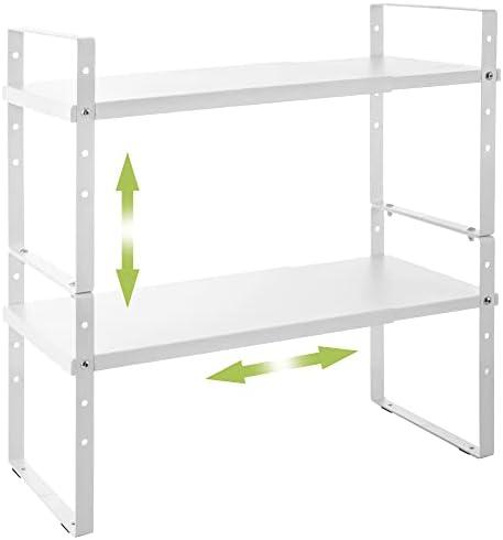 Across-Star Expandable Cabinet Shelf Organizer Rack, Stackable Kitchen Counter Storage Shelves Stand, Adjustable Height Pantry Shelf Spice Rack (White, 2 Pack)