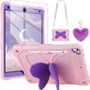 WESADN for iPad 9th Generation Case 8th 7th Gen 10.2 inch with Screen Protector/Butterfly Kickstand/Lanyard/Keychain Rugged Case with Pencil Holder for Kids Girls Cover for iPad 10.2 Case Pink Purple