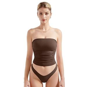 SUUKSESS Women Summer Ribbed Going Out Trendy Tops Ruched Sexy Strapless Tube Tops (Brown, M)