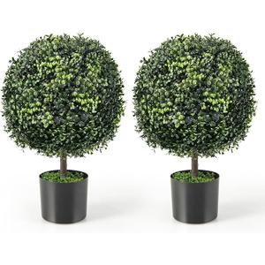 Goplus 22” Artificial Boxwood Topiary Ball Tree, Set of 2 Faux Potted Plants Artificial Shrubs Bushes with Cement Pot, Fake Evergreen Artificial Topiary for Indoor Outdoor Home Front Porch Decor 