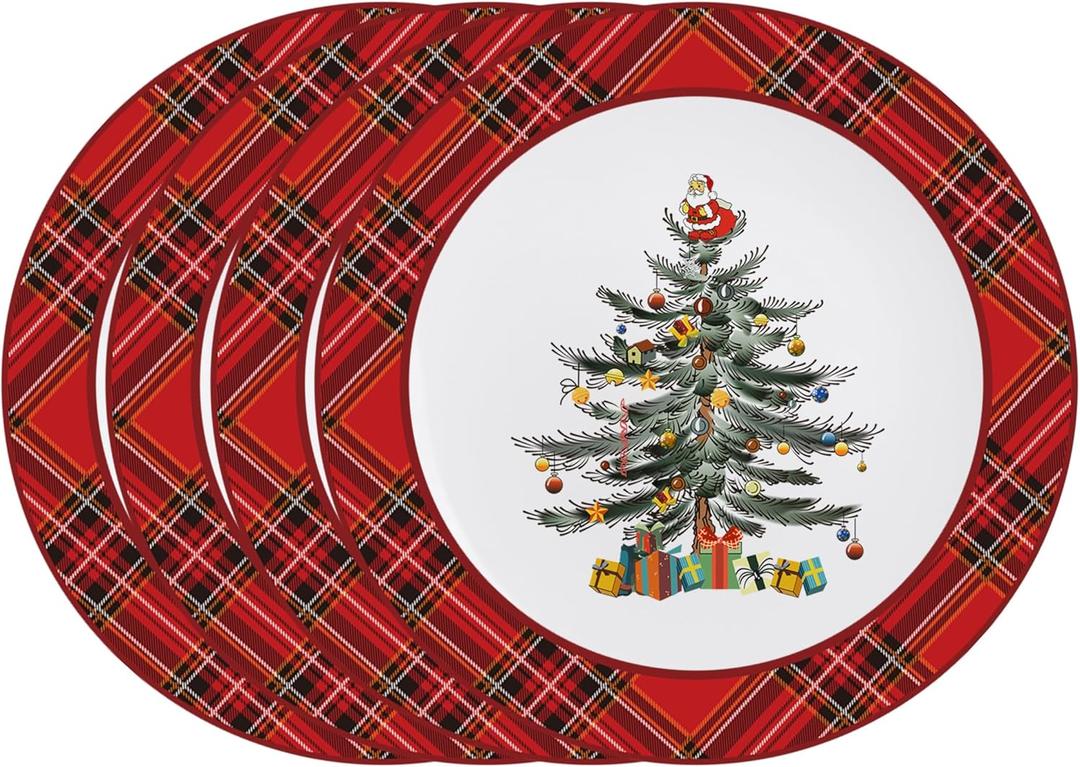 Christmas Tree Plates Set of 4, Christmas Dinner Plates with Red Edge, Xmas Porcelain Plates for Porcelain Plate Set of 4 for Xmas 10.5 Inch
