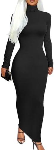 Memoriesea Women's Basic Turtleneck Long Sleeve Ribbed Bodycon Fall Slim Solid Maix Pencil Dress M