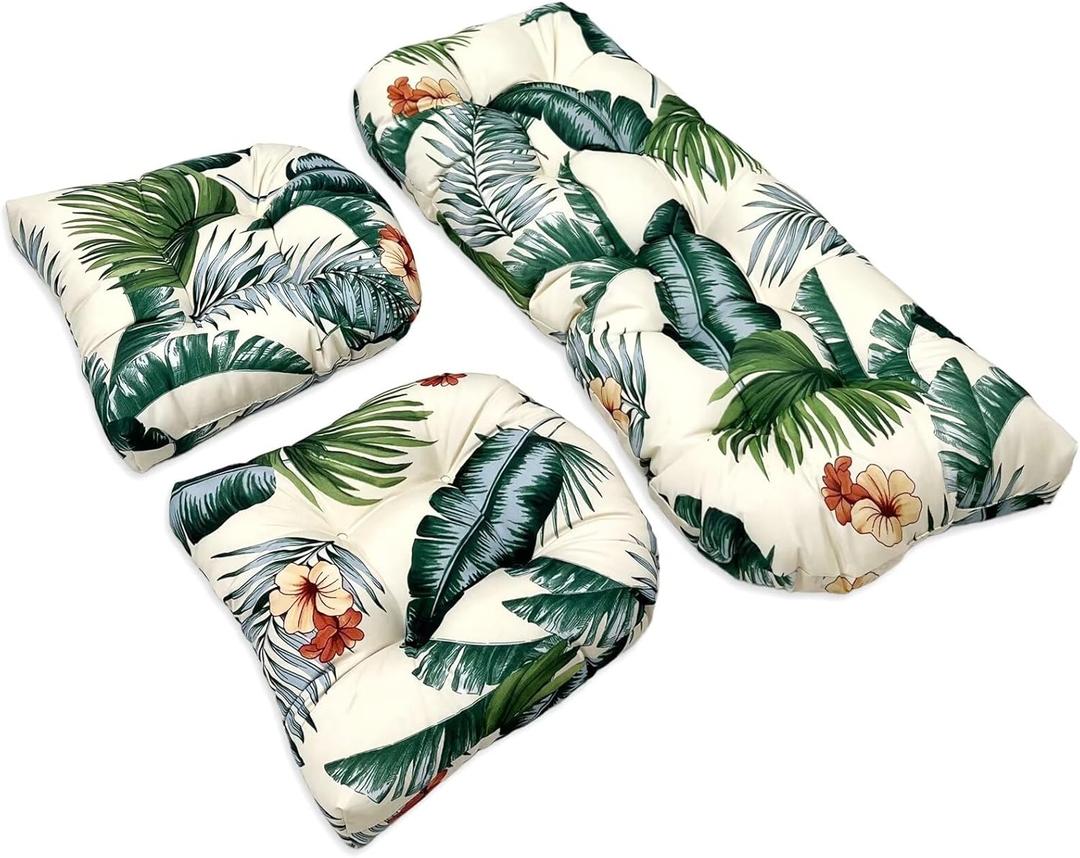Wicker Chair Cushions, 3 Pieces Indoor Outdoor All Weather Waterproof Tufted Wicker Chair Cushions, 1 Loveseat and 2 U-Shape Cushions for Patio Furniture,Hawaiian Flower
