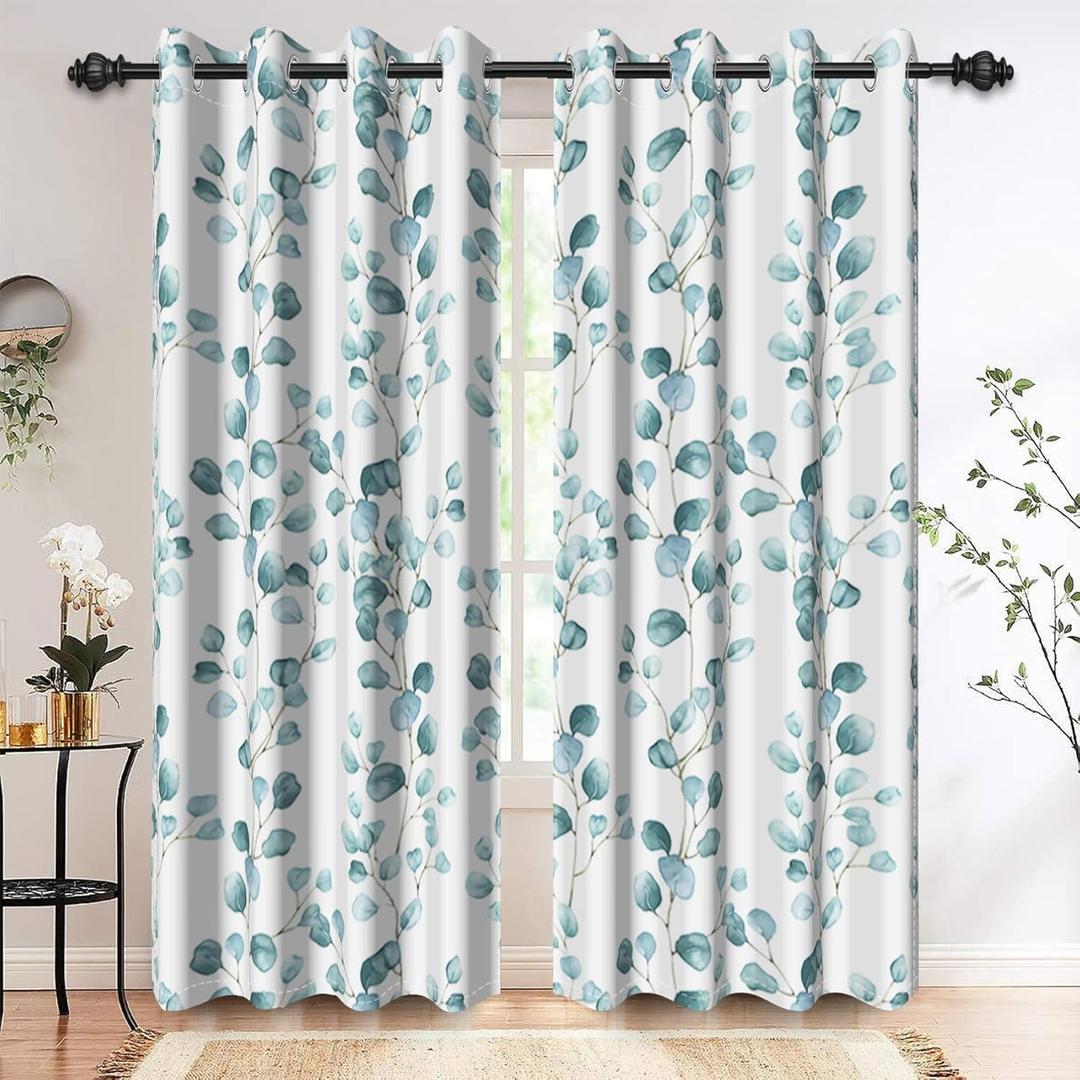 Renaiss Eucalyptus Leaf Curtains Green Eucalyptus Print Blackout Window Drapes for Bedroom Botanical Grommet Top Thermal Insulated Window Curtains for Living Room 29W x 45L 2 Panel Set