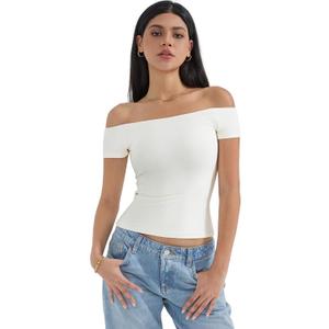SUUKSESS Women Double Lined Off The Shoulder Tops Fitted Going Out Basic Shirts (Medium, Pearl)