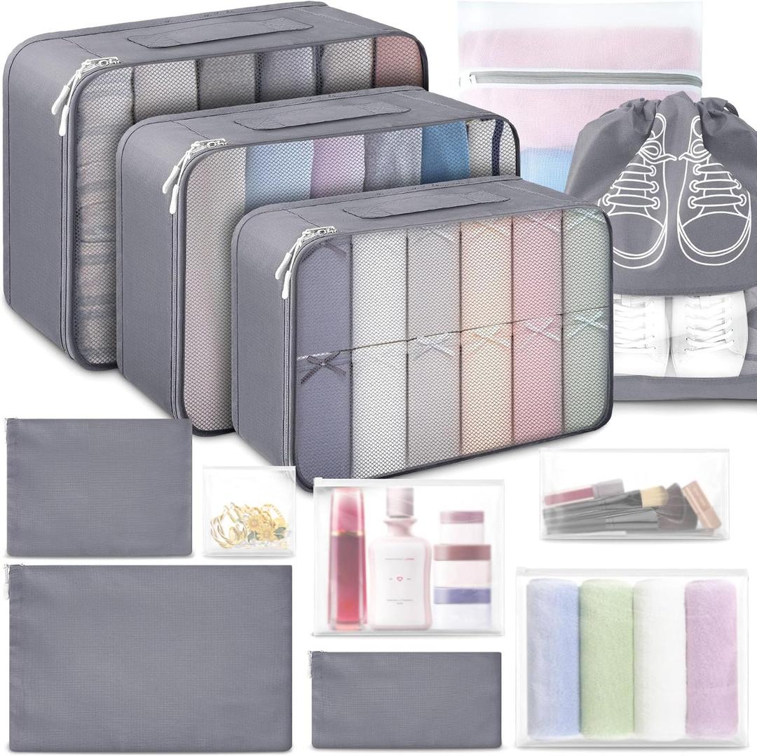 ALL INCLUDED - 12 Set Packing Cubes for Suitcases Carry On, Travel Essentials/Accessories Luggage Organizer Bags Set, Includes Cubes, Shoes Bag, Matte Cosmetic Bag, Laundry Bag (Gray)