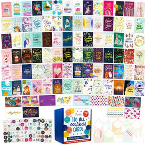 Decorably 110 Pack Gold Foiled & Glittery 5x7in All Occasion Cards Assortment Box with Envelopes and Stickers, 110 Unique Designs Assorted Cards with Envelopes All Occasion with Printed Message Inside
