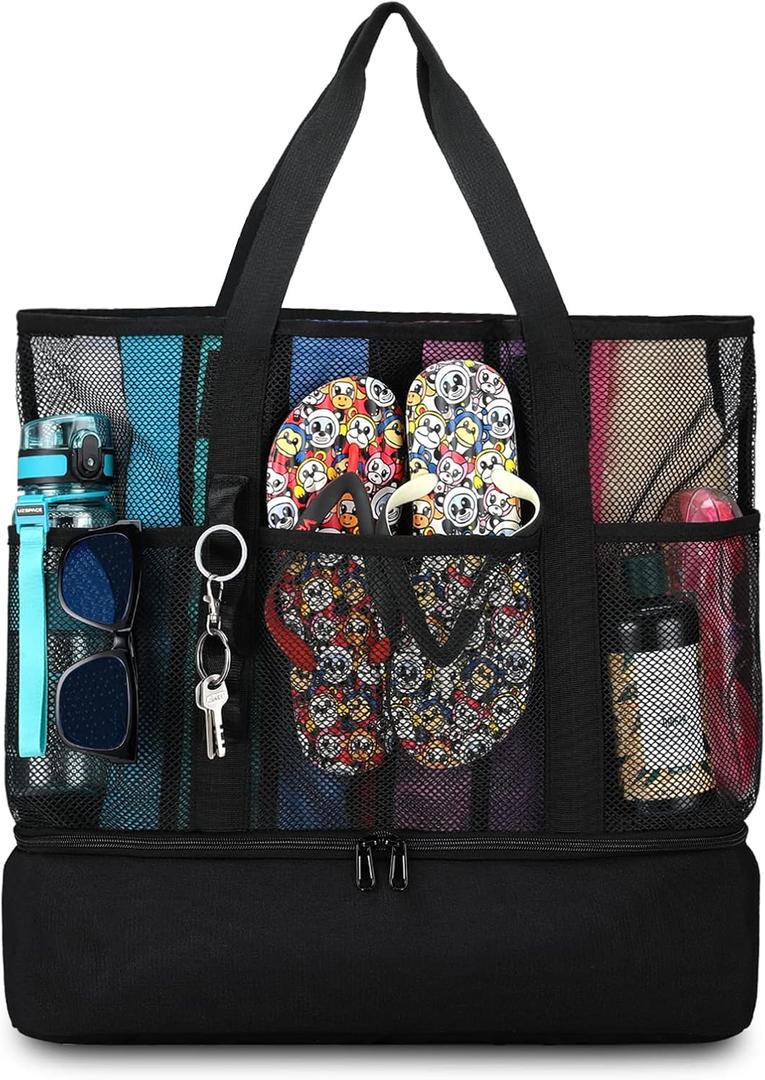 Beach Bag with Cooler,Mesh Beach Bags for Women Sandproof for Pool and Swimming Travel Daily with Durable 8 Pocket (Large, Black)