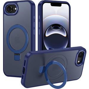 for iPhone 17e/16e Case,with Magnetic Invisible Stand [Compatible with MagSafe] Shockproof Slim Translucent Anti-Slip Military Drop Protection Cover,Navy Blue