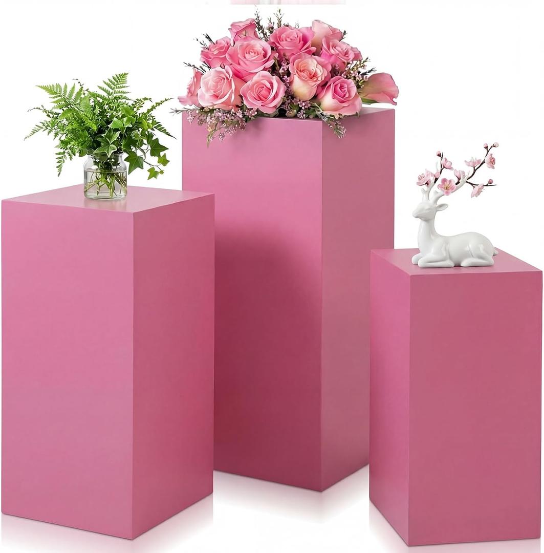 Zonon 3 Pcs Pink Square Pedestal Stands for Party, Metal Display Stands Pillars for Wedding Bridal Ceremony Baby Shower Birthday Party Decorations, 29.5*13.4''(L), 23.6*11.8''(M), 19.7*10.2''(S)