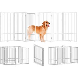 SNUOWU Full Metal Freestanding Dog Gate with Door, 32''Height Foldable Pet Dog Fence for Indoor & Outdoor, 6 Panels Extra Wide Free Standing TallDog Gates for Doorways,House,Stairs,Porch,Deck,Yard