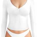 YEOREO Long Sleeve Workout Tops for Women Padded Deep V Neck Double Lined Impact Tops Agniee Slim Fit Gym Athletic Shirts White XS