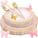 WDF 30Guest Pink Plates Disposable - Hign-end Baroque Design - Gold Plastic Silverware with Handle-Baroque Pink &Gold Plastic Dinnerware for Wedding/Baby Shower