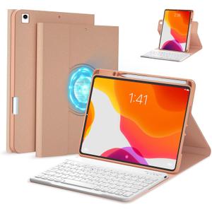 BOBOLEE Case Keyboard 9th Generation for iPad 10.2 inch - 8th Gen. - 7th Gen. - Pro 10.5" Air 3rd, Wireless Detachable Keyboard, Adjustable Vertical Horizontal Rotatable Clear Cover, RG (Pink with Non-Backlit Keyboard)
