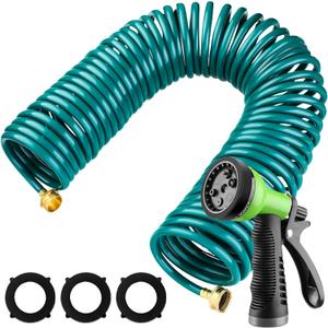 Pangda 100 Ft x 3/8'' Coil Garden Hose EVA Recoil Garden Self Coiling Expanding Water Hose with 6 Function Spray Nozzle Universal 3/4'' Brass Connector Fitting for Outdoor Yard(Green)