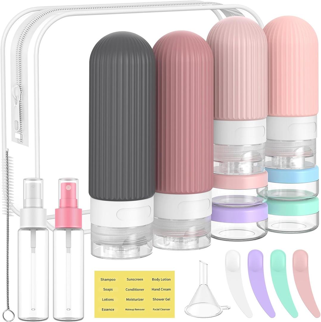 ME.FAN 18 Pack Travel Bottles for Toiletries, TSA Approved Silicone Portable Size Bottle, Refillable Cosmetic Container Kits for Conditioner, Shampoo, Lotion, Face Cream - Pink