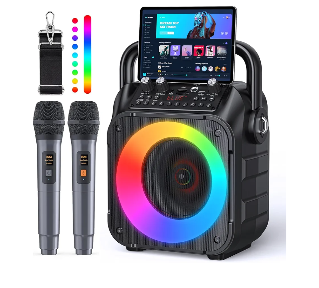 Karaoke Machine, Portable Bluetooth Speaker with 2 Wireless Microphones for Adults & Kids with Lights, Karaoke Microphone with PA System Supports USB/TF/REC/FM/AUX for Home Party Home System Packages