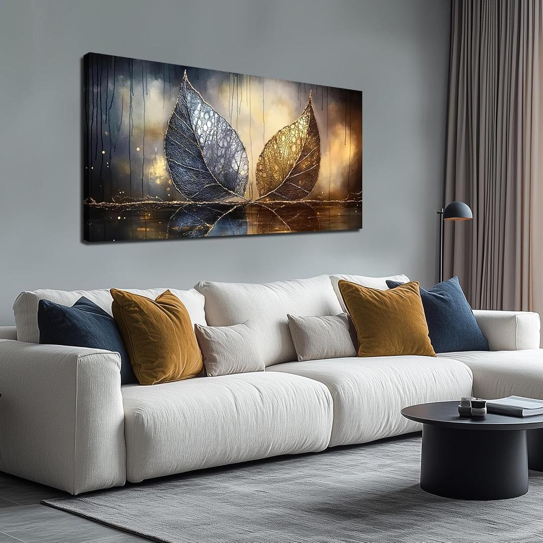 JuhaiArt Gold Leaf Wall Art Bedroom Blue Wall Decor Art Black Canvas Picture for Living Room Office 24" x 48" Modern Artwork Prints