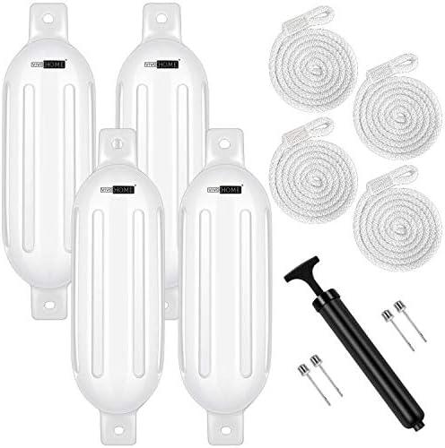 VIVOHOME Vinyl Ribbed Boat Fenders 4 Pack, Boat Bumpers with Ropes, Needles, and Pump to Inflate Fit for Yachts, Sailing Dinghies, Bass Boats, Black, 6.5 Inch x 24 Inch
