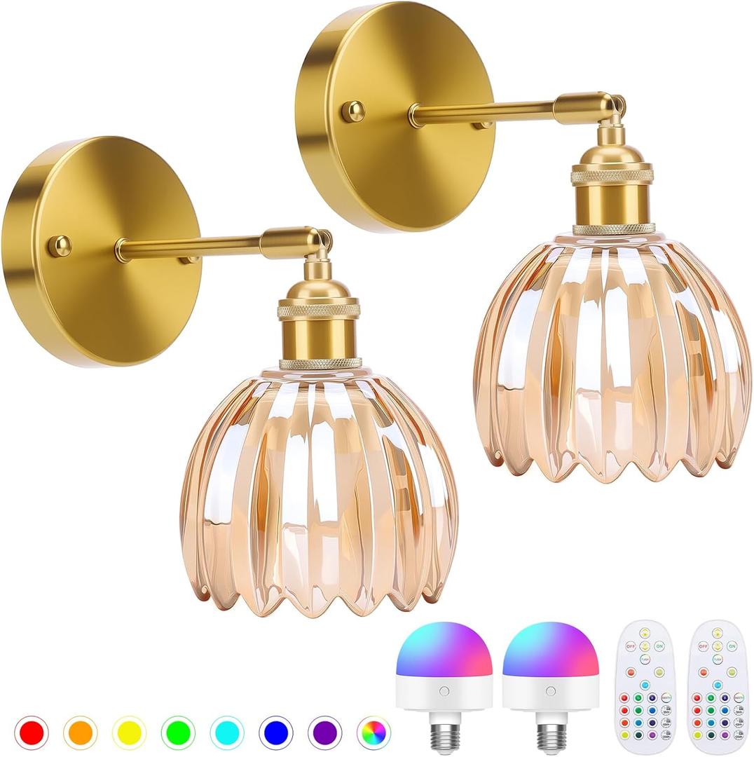 Battery Operated Wall Sconce with Remote, Vintage Rechargeable Wall Sconces Set of Two, Dimmable RGB Bulbs Amber Tulip Glass Wireless Wall Lights for Bedroom Living Room Sconces Wall Decor Set of 2