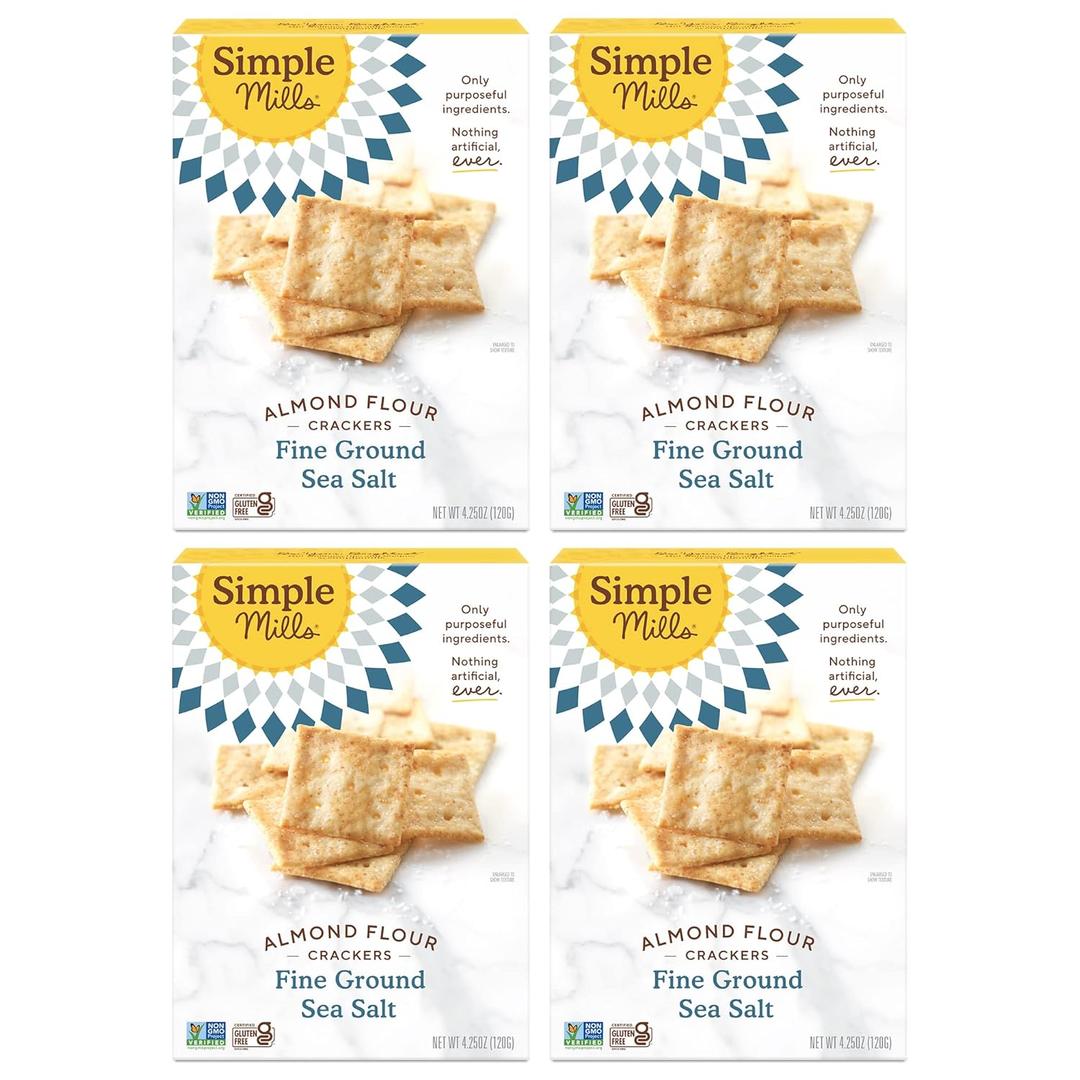 Simple Mills Almond Flour Crackers, Fine Ground Sea Salt - Gluten Free, Vegan, Healthy Snacks, 4.25 Ounce (Pack of 4), BBD 07/25/2026