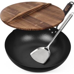 Souped Up Recipes 13.4 Inch Carbon Steel Wok For Electric, Induction and Gas Stoves (Lid, Spatula and User Guide Video Included)