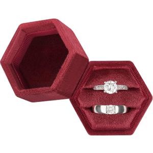 DesignSter Hexagon Velvet Ring Box - Premium Gorgeous Vintage Double Ring Display Holder with Detachable Lid for Proposal, Engagement, Wedding, Ceremony(Deep red) (5* 4.5* 4.5cm)