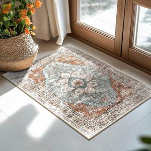 BESTSWEETIE 2x3 Area Rug Washable Rugs for Living Room, No Pile Boho Carpet for Entryway Bedroom Dinning Room, Vintage Carpet Print Distressed Non-Slip, 2 x 3 ft, Green Brick Rust Red