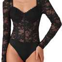 Allegra K Women's Bodysuit Corset Tops Long Sleeve See Through Sheer t Shirt (Medium)